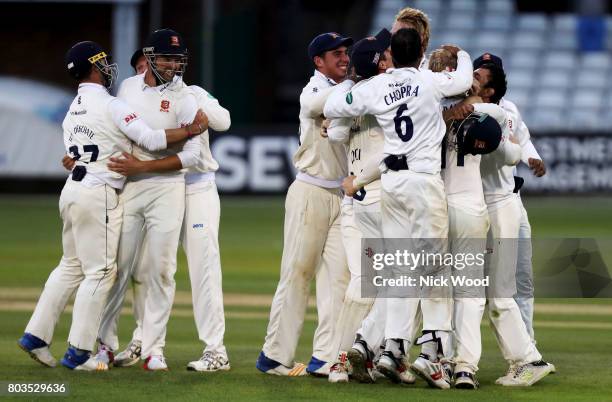Simon Harmer of Essex celebrates taking the final wicket during the Essex v Middlesex - Specsavers County Championship: Division One cricket match at...