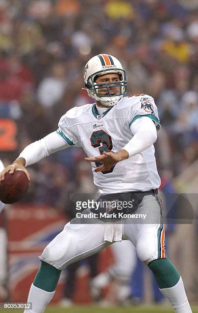 Miami Dolphins quarterback Joey Harrington delivers a pass during a game against the Buffalo Bills at Ralph Wilson Stadium in Orchard Park, New York...