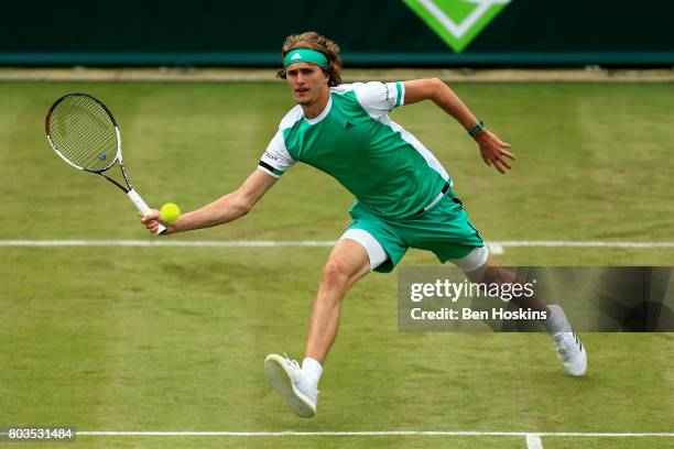 Alexander Zverev of Germany plays a forehand during his match against Thanasi Kokkinakis of Australia during day three of The Boodles Tennis Event at...