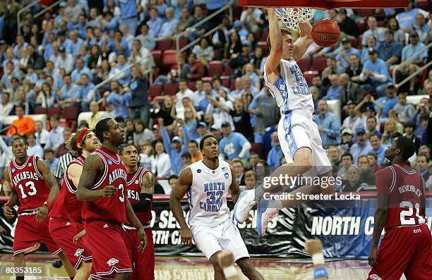 Tyler Hansbrough of the North Carolina Tar Heels dunks the ball against the Arkansas Razorbacks during the second round of the 2008 NCAA Men's...