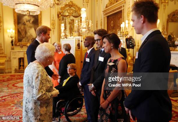 Dame Tanni Grey-Thompson, Mo Farah, Liam Payne, Anita Rani, and Caspar Lee during the 2017 Queen's Young Leaders Awards Ceremony at Buckingham Palace...