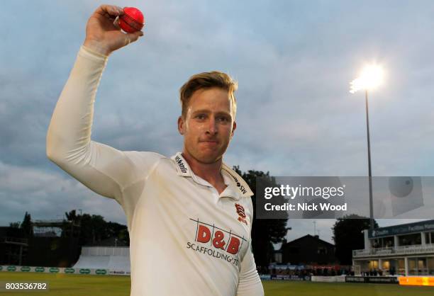 Simon Harmer of Essex celebrates taking the final wicket during the Essex v Middlesex - Specsavers County Championship: Division One cricket match at...