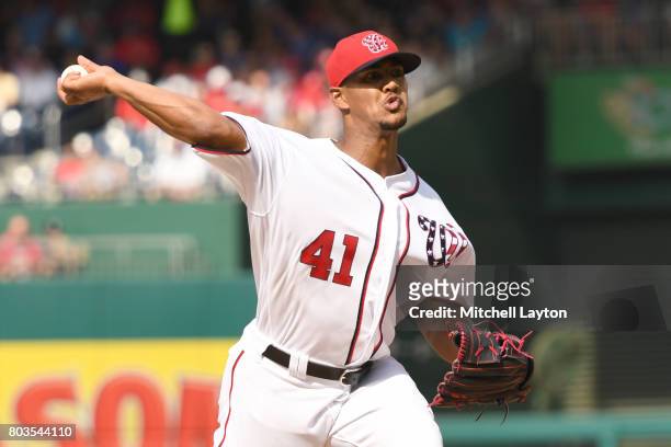 Joe Ross of the Washington Nationals pitches in the third inning during a baseball game against the Chicago Cubs at Nationals Park on June 29, 2017...
