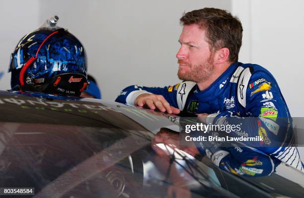 Dale Earnhardt Jr., driver of the Nationwide Chevrolet, looks on during practice for the Monster Energy NASCAR Cup Series 59th Annual Coke Zero 400...