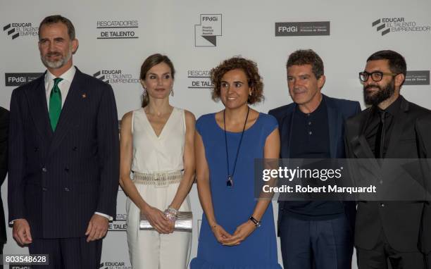 King Felipe VI of Spain , Queen Letizia of Spain and Antonio Banderas attend the 'Princesa de Girona' foundation awards held at the Palacio de...