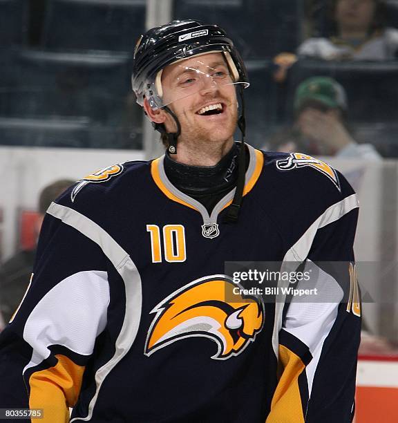 Henrik Tallinder of the Buffalo Sabres has a laugh in warmups before playing against the Carolina Hurricanes on March 14, 2008 at HSBC Arena in...