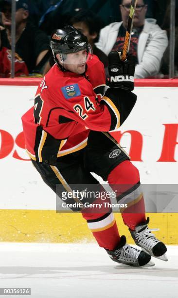 Craig Conroy of the Calgary Flames skates against the Colorado Avalanche on March 20, 2008 at Pengrowth Saddledome in Calgary, Alberta, Canada. The...