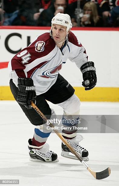 Ryan Smyth of the Colorado Avalanche skates against the Calgary Flames on March 20, 2008 at Pengrowth Saddledome in Calgary, Alberta, Canada. The...