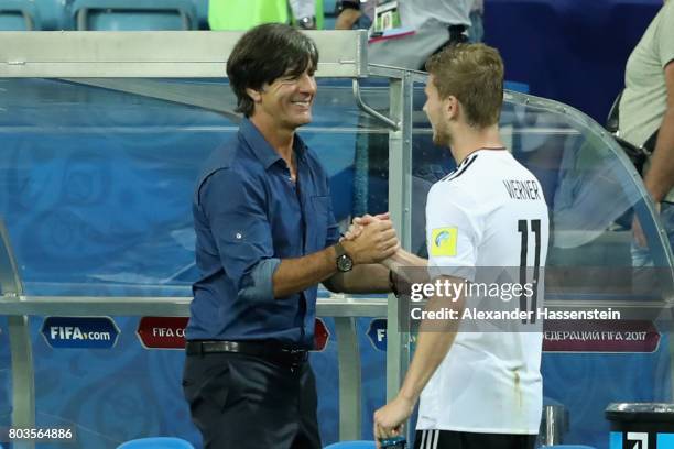 Head coach Joachim Loew congratulates his player Timo Werner after the FIFA Confederations Cup Russia 2017 Semi-Final between Germany and Mexico at...