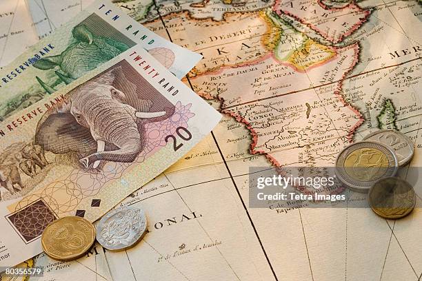 south african currency on map - south african currency fotografías e imágenes de stock