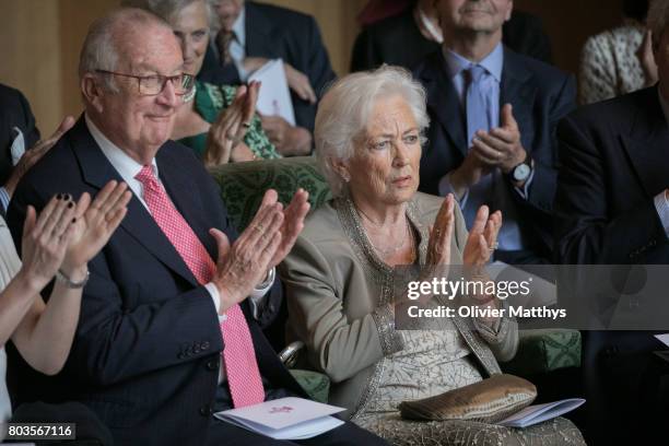 King Albert II of Belgium and Queen Paola of Belgium attend a concert at the Music Chapel to celebrate Paola's 80th anniversary on June 29, 2017 in...