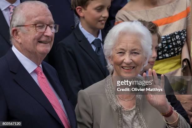 King Albert II of Belgium and Queen Paola of Belgium arrive at the Music Chapel to celebrate Paola's 80th anniversary on June 29, 2017 in Waterloo,...