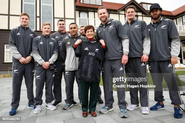 To R, Jordie Barrett, Damian McKenzie, Liam Squire, Ngani Laumape, Liam Coltman, Kieran Read, Scott Barrett and Akira Ioane pose with...