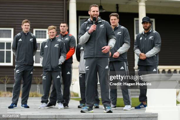 Kieran Read speaks during a New Zealand All Blacks skills and drills session on the North Lawn of Government House on June 30, 2017 in Wellington,...