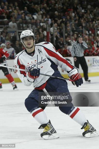 Alexander Ovechkin of the Washington Capitals hustles for position against the Chicago Blackhawks on March 19, 2008 at the United Center in Chicago,...