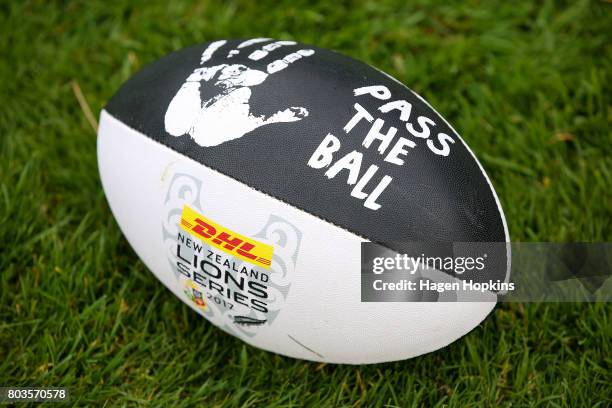 Ball lies on the grass during a New Zealand All Blacks skills and drills session on the North Lawn of Government House on June 30, 2017 in...