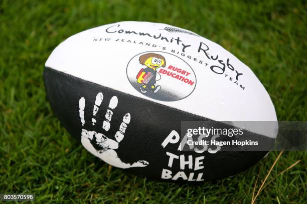 Ball lies on the grass during a New Zealand All Blacks skills and drills session on the North Lawn of Government House on June 30, 2017 in...