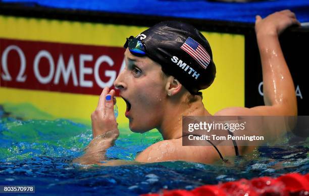 Leah Smith celebrates after winning the Women's 400 LC Meter Individual Medley Final during the 2017 Phillips 66 National Championships & World...