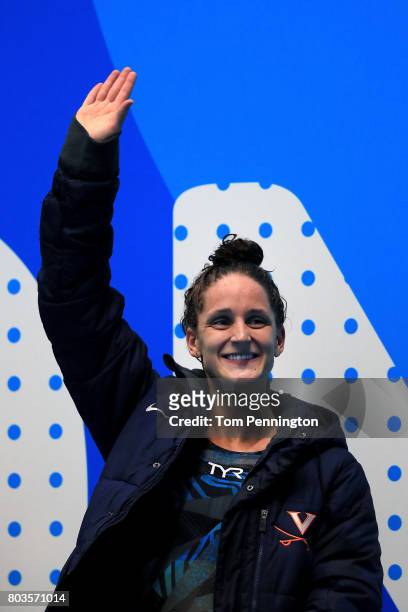 Leah Smith celebrates after winning the Women's 400 LC Meter Individual Medley Final during the 2017 Phillips 66 National Championships & World...