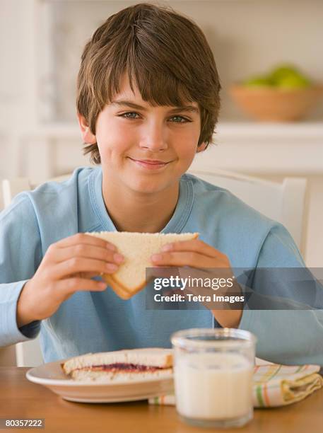 boy eating sandwich - peanut butter and jelly sandwich on plate stock pictures, royalty-free photos & images