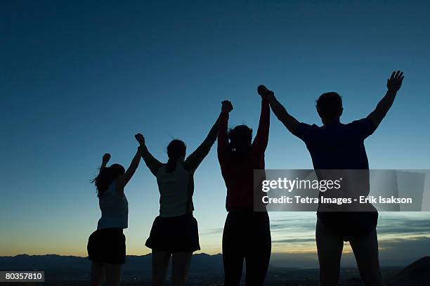 silhouette of people with arms raised, salt flats, utah, united states - vier freunde stock-fotos und bilder