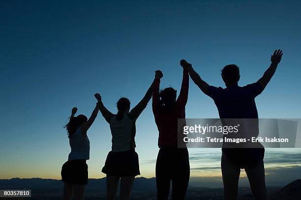 silhouette of people with arms raised, salt flats, utah, united states - match sport stockfoto's en -beelden