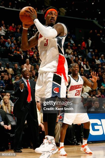 Gerald Wallace of the Charlotte Bobcats looks to move the ball during the NBA game against the Dallas Mavericks on January 23, 2008 at the Charlotte...