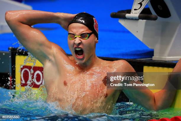 Justin Ress celebrates after winning the Men's 50 LC Meter Backstroke Final during the 2017 Phillips 66 National Championships & World Championship...