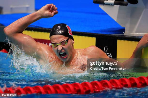 Justin Ress celebrates after winning the Men's 50 LC Meter Backstroke Final during the 2017 Phillips 66 National Championships & World Championship...