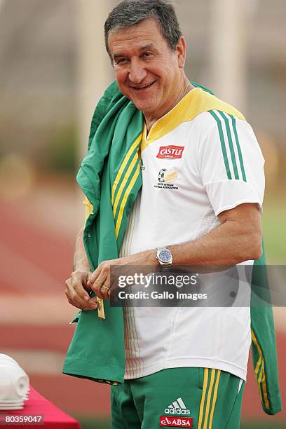 South African coach Alberto Carlos Parreira looks on during the South Africa training session, prior to their international friendly against...