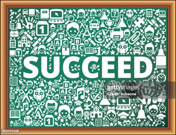 succeed school and education vector icons on chalkboard - elementary students on computers stock illustrations