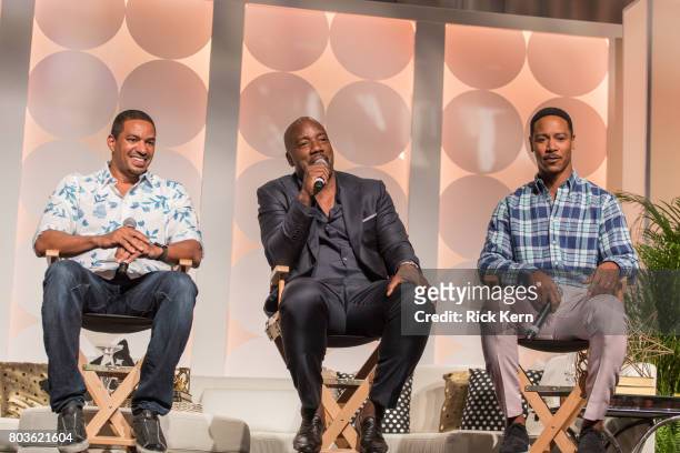 Laz Alonso, Malik Yoba, and Brian White take part in the MegaFest Leading Men In Hollywood Panel at the Omni Hotel on June 29, 2017 in Dallas, Texas.