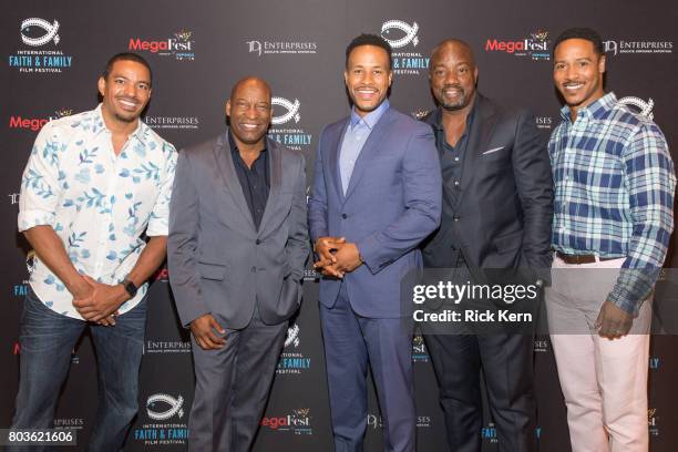 Laz Alonso, John Singleton, DeVon Franklin, Malik Yoba, and Brian White pose after the MegaFest Leading Men In Hollywood Panel at the Omni Hotel on...