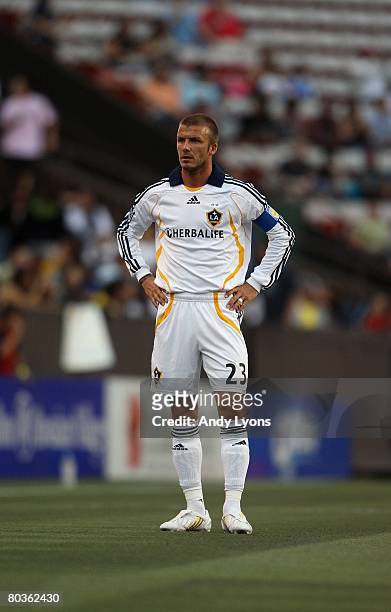 David Beckham of the Los Angeles Galaxy looks on during the game against Gamba Osaka in the Pan Pacific Championships on February 20, 2008 at Aloha...