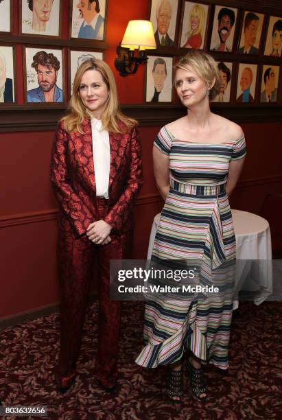 Laura Linney and Cynthia Nixon attend the portrait unveilings of Laura Linney and Cynthia Nixon starring on Broadway in the Manhattan Theatre Club's...