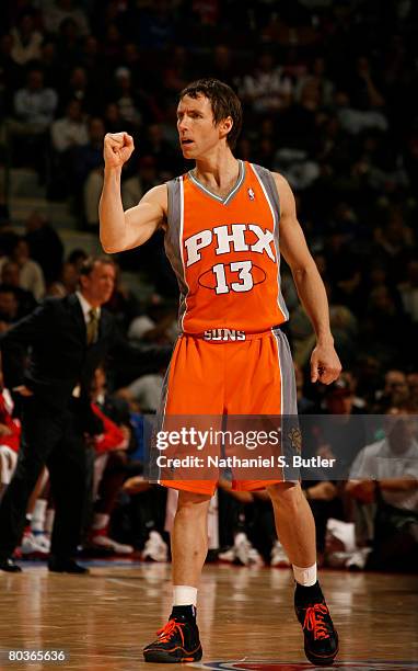 Steve Nash of the Phoenix Suns celebrates a play against the Detroit Pistons on March 24, 2008 at the Palace of Auburn Hills in Auburn Hills,...