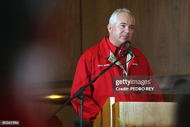 Venezuelan Energy minister and PDVSA president Rafael Ramirez delivers a speech at the Simon Bolivar hall during a meeting with PDVSA workers to...