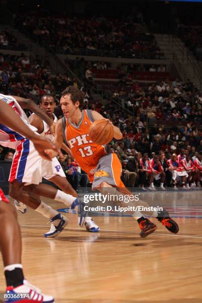 Steve Nash of the Phoenix Suns drives around Arron Afflalo of the Detroit Pistons on March 24, 2008 at the Palace of Auburn Hills in Auburn Hills,...