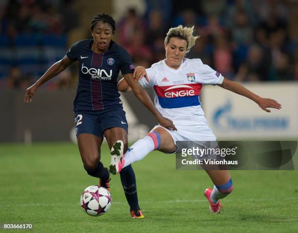 Ashley Lawrence of Paris St Germain and Claire Lavogez of Olympique Lyonnais in action during the UEFA Women's Champions League Final between...