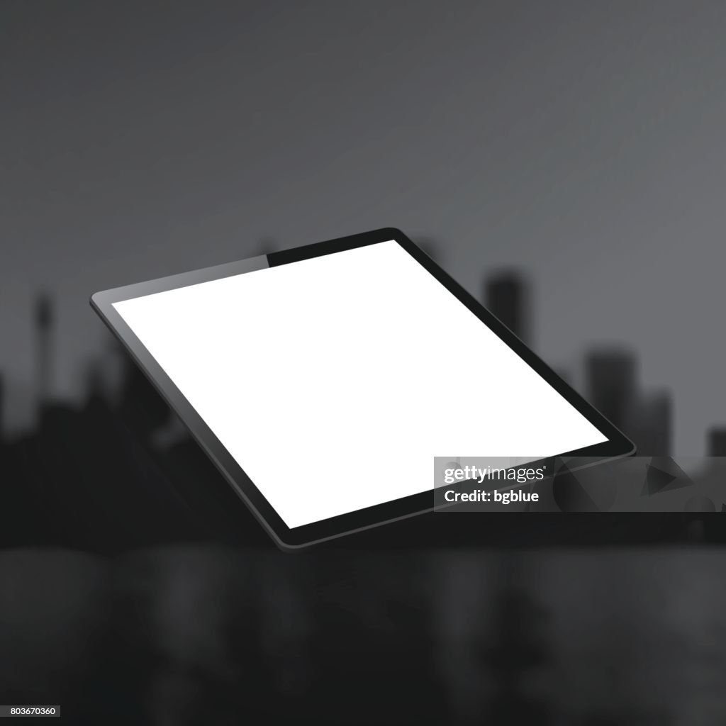 Tablet Pc isolated on city skyline in black and white - Isometric Tablet Pc Template