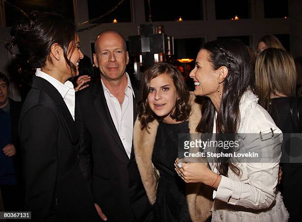Actress Emma Hemming, actor Bruce Willis, his daughter Tallulah Belle Willis, and her mother actress Demi Moore attend the after party for the...