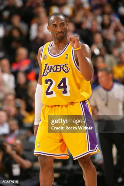 Kobe Bryant of the Los Angeles Lakers celebrates after a play against the Golden State Warriors on March 24, 2008 at Oracle Arena in Oakland,...