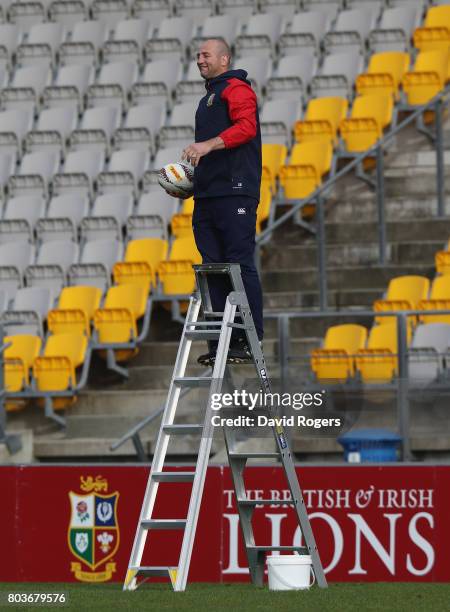 Steve Borthwick, the Lions forwards coach stands on a ladder during lineout practice during the British & Irish Lions captain's run at Porirua Park...