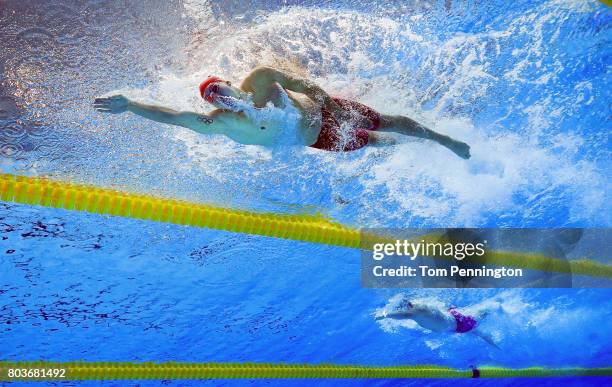 Chase Kalisz leads Jay Litherland to win the Men's 400 LC Meter Individual Medley Final during the 2017 Phillips 66 National Championships & World...