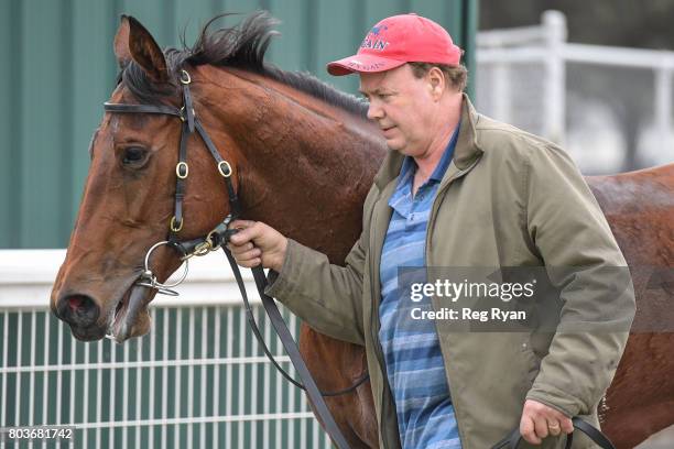 Trainer Brendan McCarthy after his horse Kailua won the 13th Beach Golf Club 3YOMaiden Plate, at Geelong Synthetic Racecourse on June 30, 2017 in...