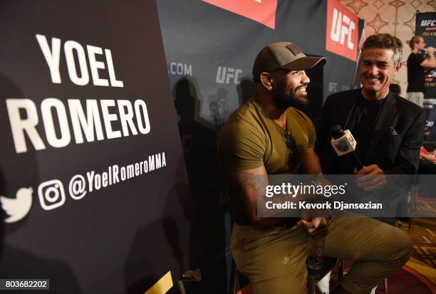 Yoel Romero speaks during the UFC International Fight Week Media Day June 29 in Los Angeles, California.