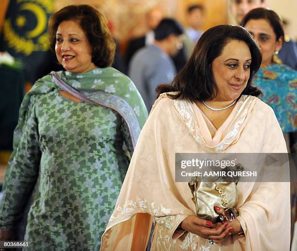 Fauzia Gilani wife of newly elected Pakistani Prime Minister Yousuf Raza Gilani is flanked by the first lady of Pakistan Sehba Musharraf as she...