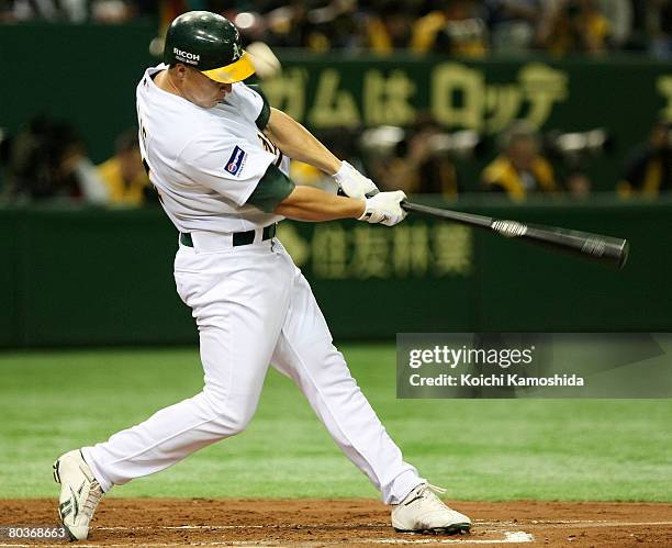 Infielder Mark Ellis of Oakland Athletics bats during MLB Opening game between Boston Red Sox and Oakland Athletics at Tokyo Dome on March 25, 2008...