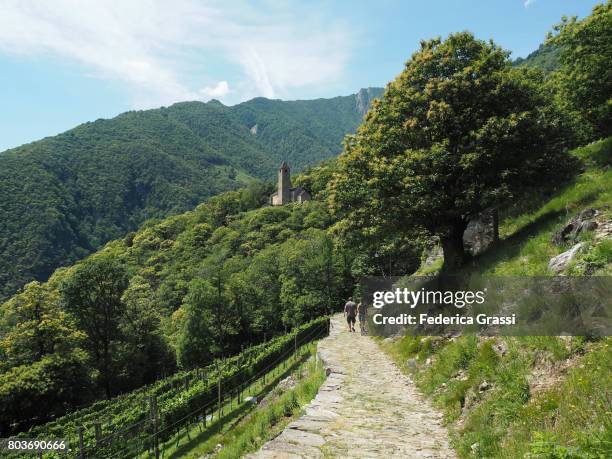 two hikers on alpine trail, canton of ticino, southern switzerland - tessin stock-fotos und bilder