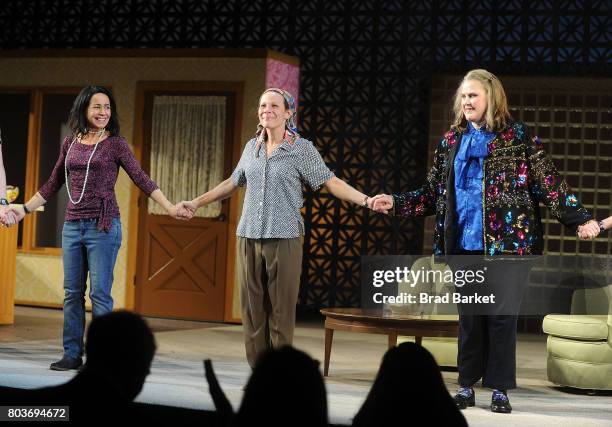 Janeane Garofalo, Lili Taylor and Celia Weston attend the curtain call for "Marvin's Room" Broadway Opening Night at American Airlines Theatre on...